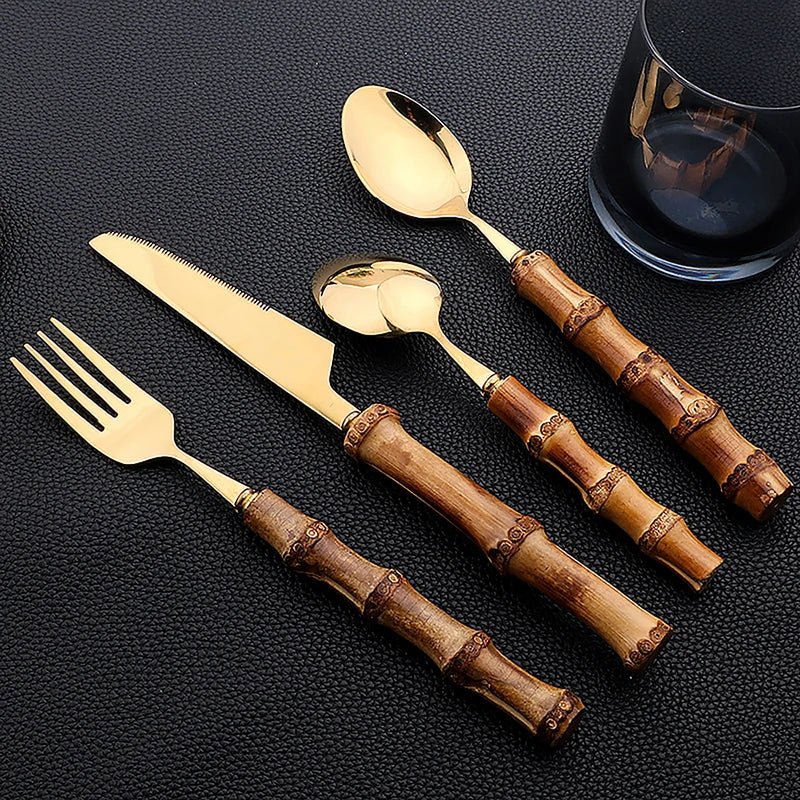 Bamboo Tableware Set: 24Pcs Flatware, Stainless Steel Cutlery - Freshmarketz