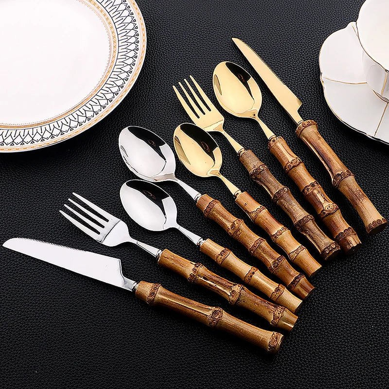 Bamboo Tableware Set: 24Pcs Flatware, Stainless Steel Cutlery - Freshmarketz