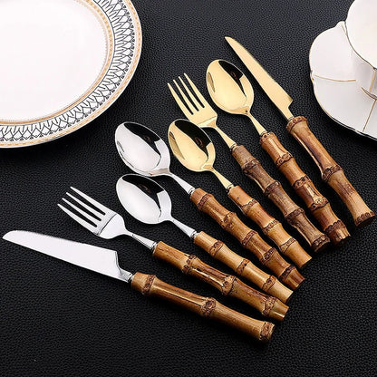 Bamboo Tableware Set: 24Pcs Flatware, Stainless Steel Cutlery - Freshmarketz