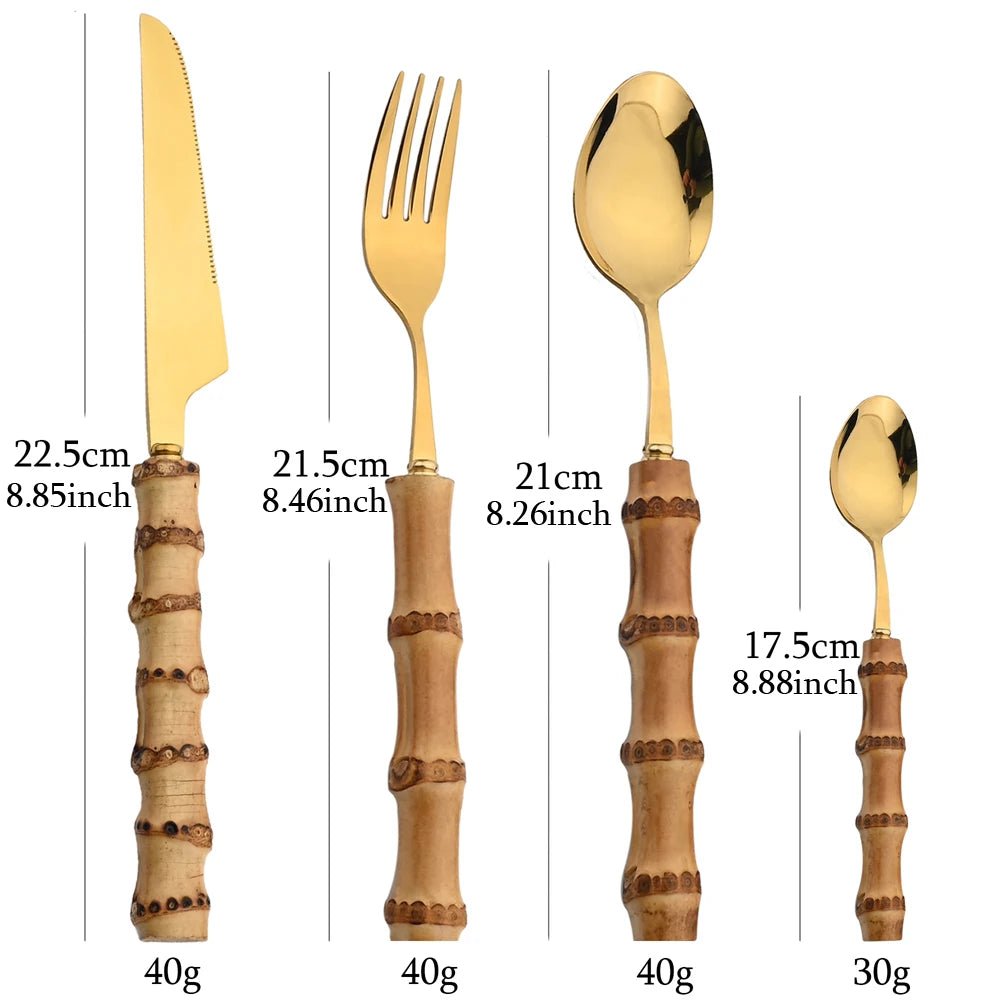 Bamboo Tableware Set: 24Pcs Flatware, Stainless Steel Cutlery - Freshmarketz