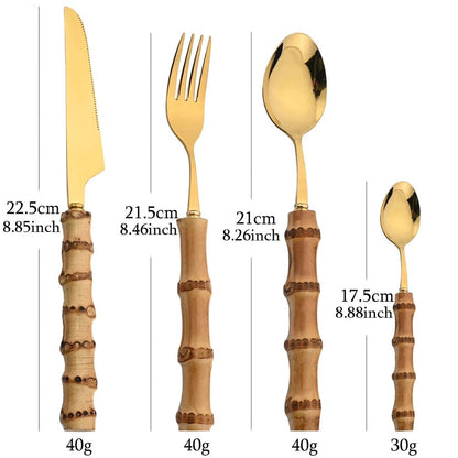 Bamboo Tableware Set: 24Pcs Flatware, Stainless Steel Cutlery - Freshmarketz