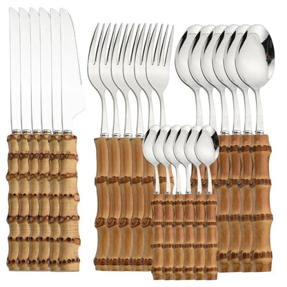 Bamboo Tableware Set: 24Pcs Flatware, Stainless Steel Cutlery - Freshmarketz