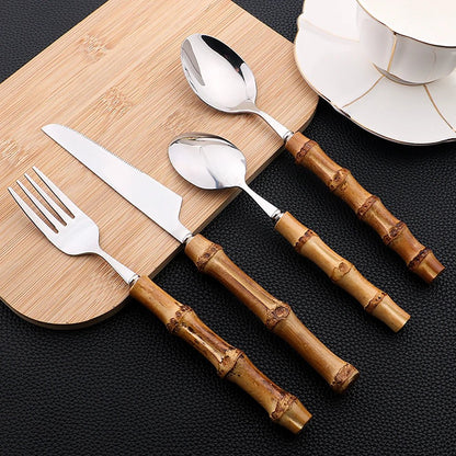 Bamboo Tableware Set: 24Pcs Flatware, Stainless Steel Cutlery - Freshmarketz