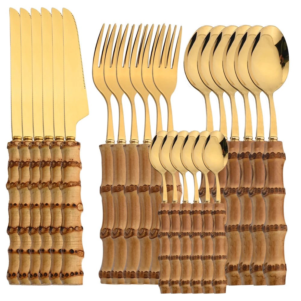 Bamboo Tableware Set: 24Pcs Flatware, Stainless Steel Cutlery - Freshmarketz