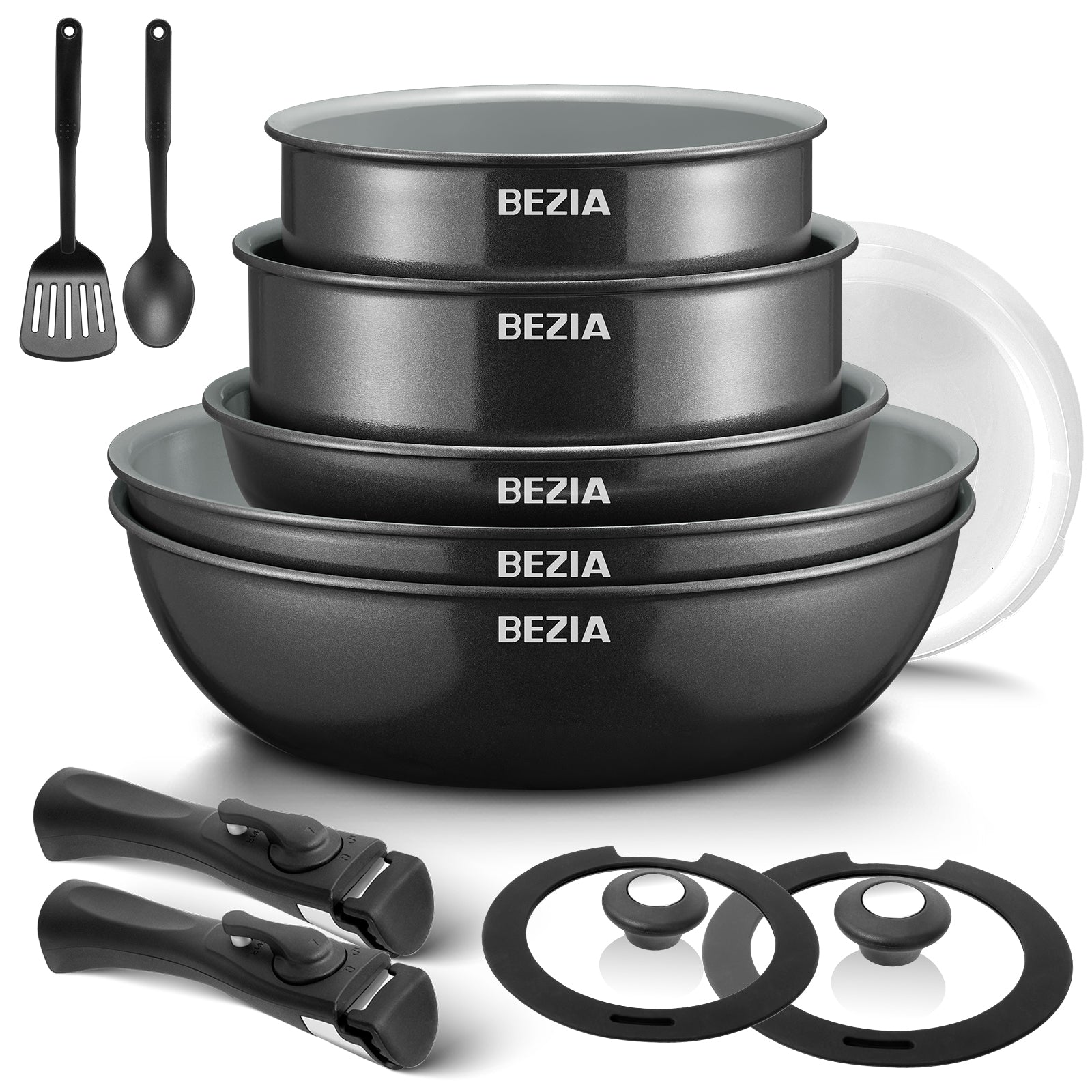 Induction Cookware Set: 13pc Detachable Handles, Nonstick Ceramic, Space - Saving Pots - Freshmarketz
