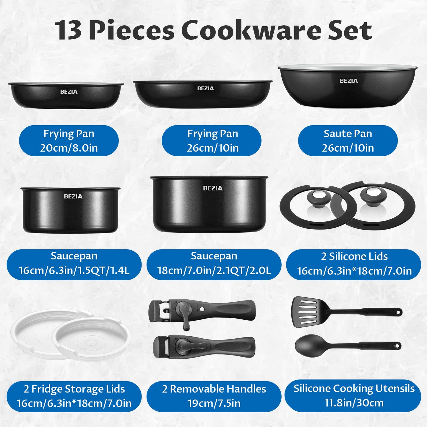 Induction Cookware Set: 13pc Detachable Handles, Nonstick Ceramic, Space - Saving Pots - Freshmarketz