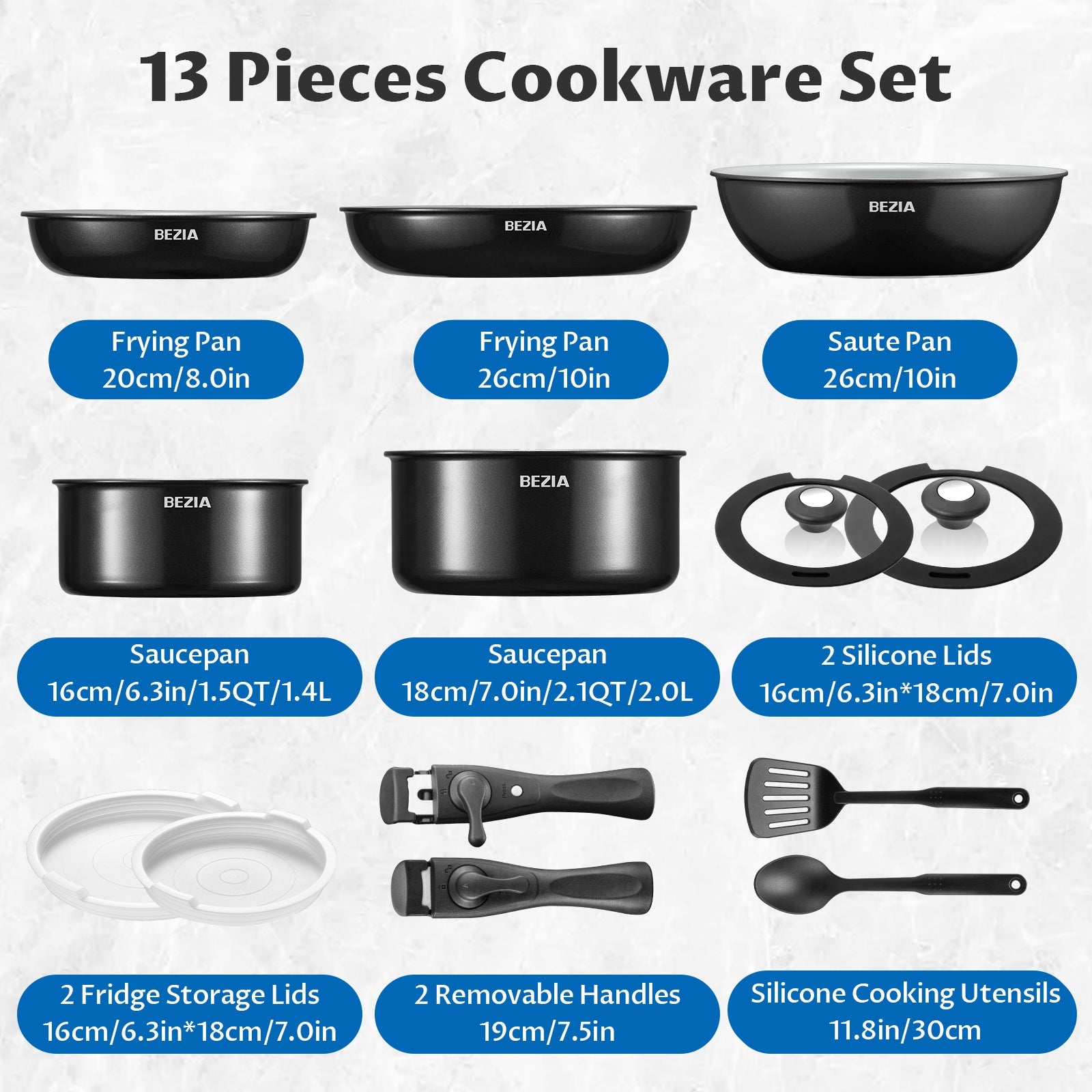 Induction Cookware Set: 13pc Detachable Handles, Nonstick Ceramic, Space - Saving Pots - Freshmarketz
